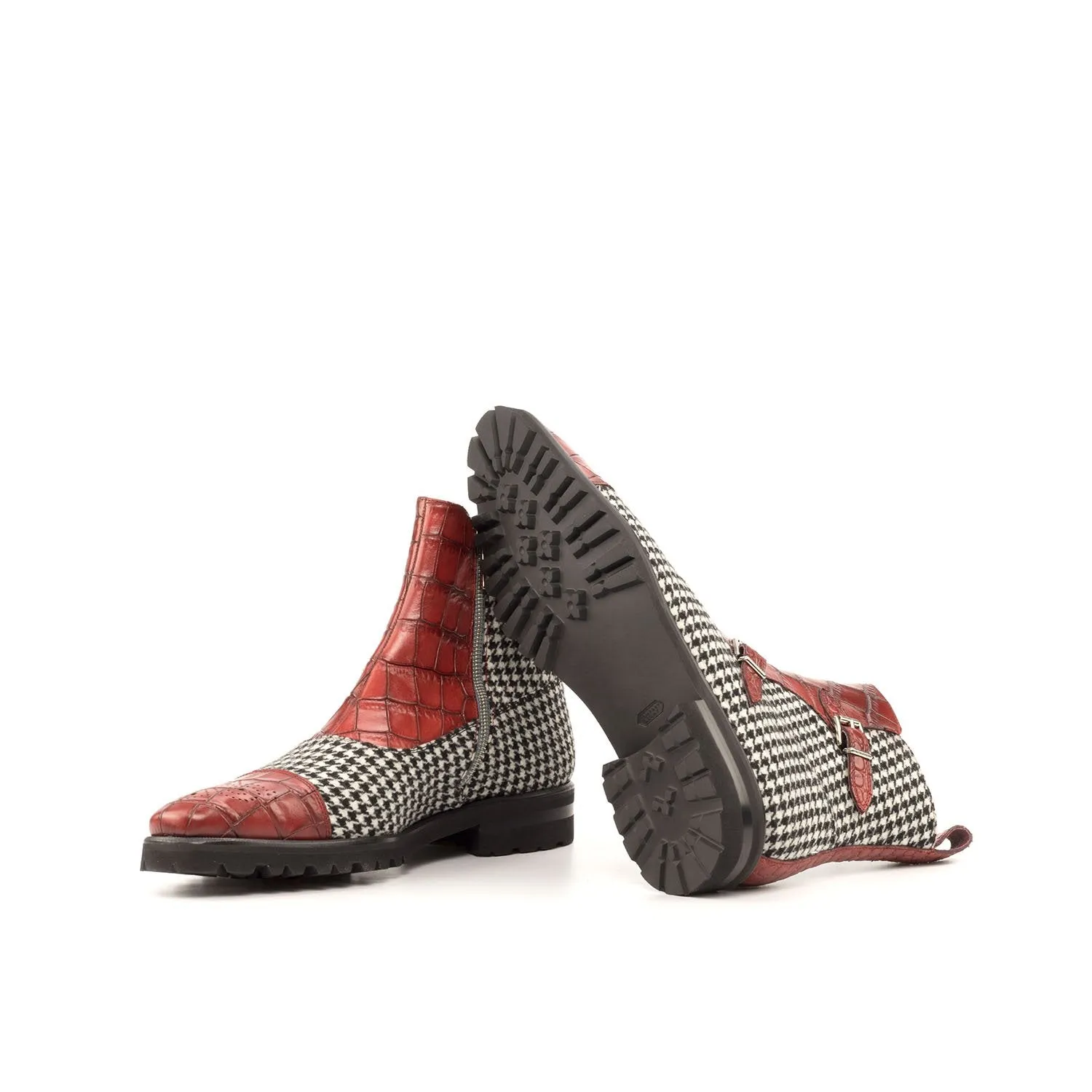 Ambrogio Bespoke Custom Men's Shoes Black, White & Red Fabric / Crocodile Print / Calf-Skin Leather Buckle Boots (AMB1968)