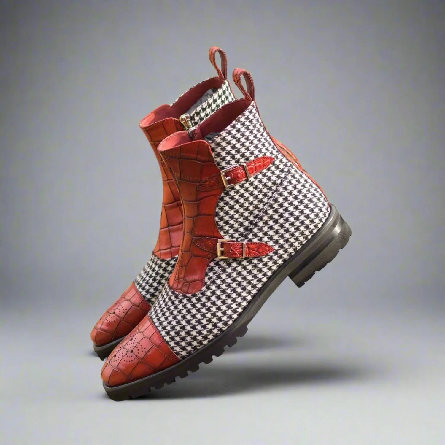 Ambrogio Bespoke Custom Men's Shoes Black, White & Red Fabric / Crocodile Print / Calf-Skin Leather Buckle Boots (AMB1968)