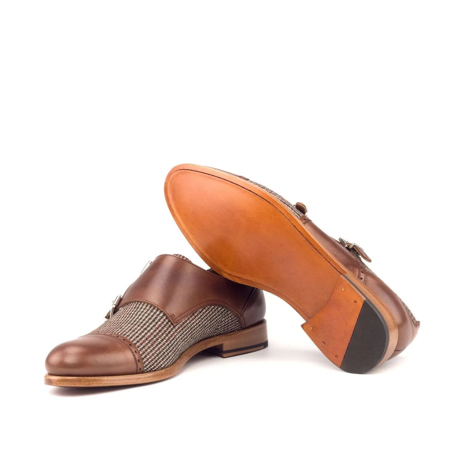 Ambrogio Bespoke Custom Women's Custom Made Shoes Beige & Brown Fabric / Calf-Skin Leather Monk-Straps Loafers (AMBW1034)