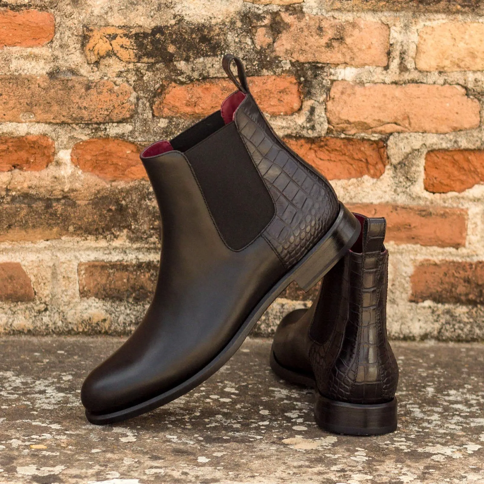 Ambrogio Bespoke Custom Women's Custom Made Shoes Black Crocodile Print / Calf-Skin Leather Chelsea Boots (AMBW1086)