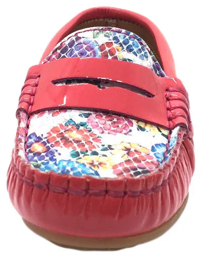 Andago by Venettini Girl's Brave Bright Pink Coral Patent Leather Floral Print Upper Slip On Moccasin Loafer