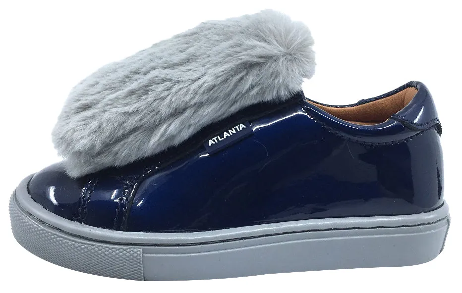 Atlanta Mocassin Girl's and Boy's Patent and Fur Slip-On Step-In Sneakers, Navy Patent/Grey Fur