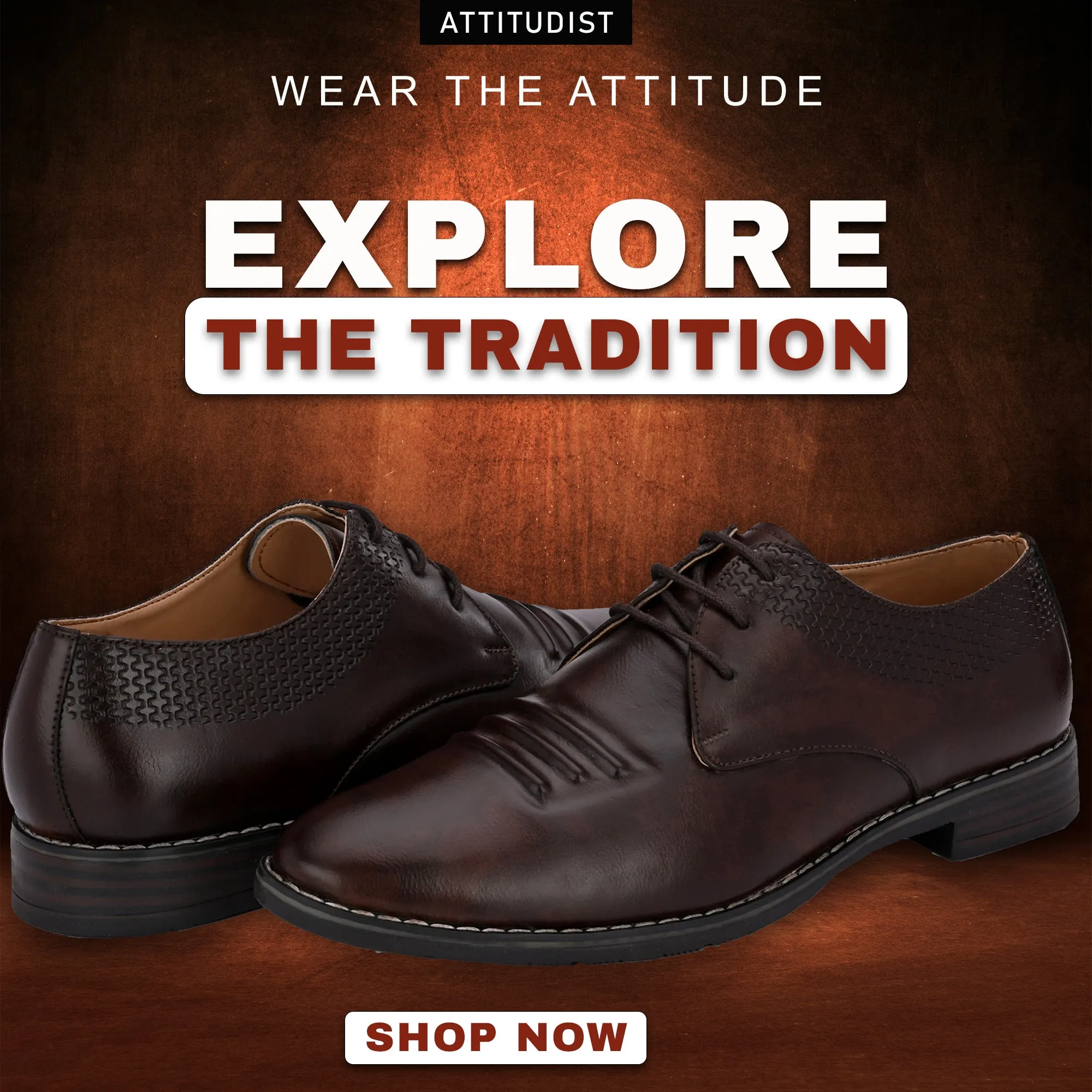 Attitudist Unisex Handcrafted Derby Brown Formal Lace-up Shoes With Round Toe And Textured Vamp