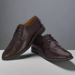 Attitudist Unisex Handcrafted Derby Brown Formal Lace-up Shoes With Round Toe And Textured Vamp