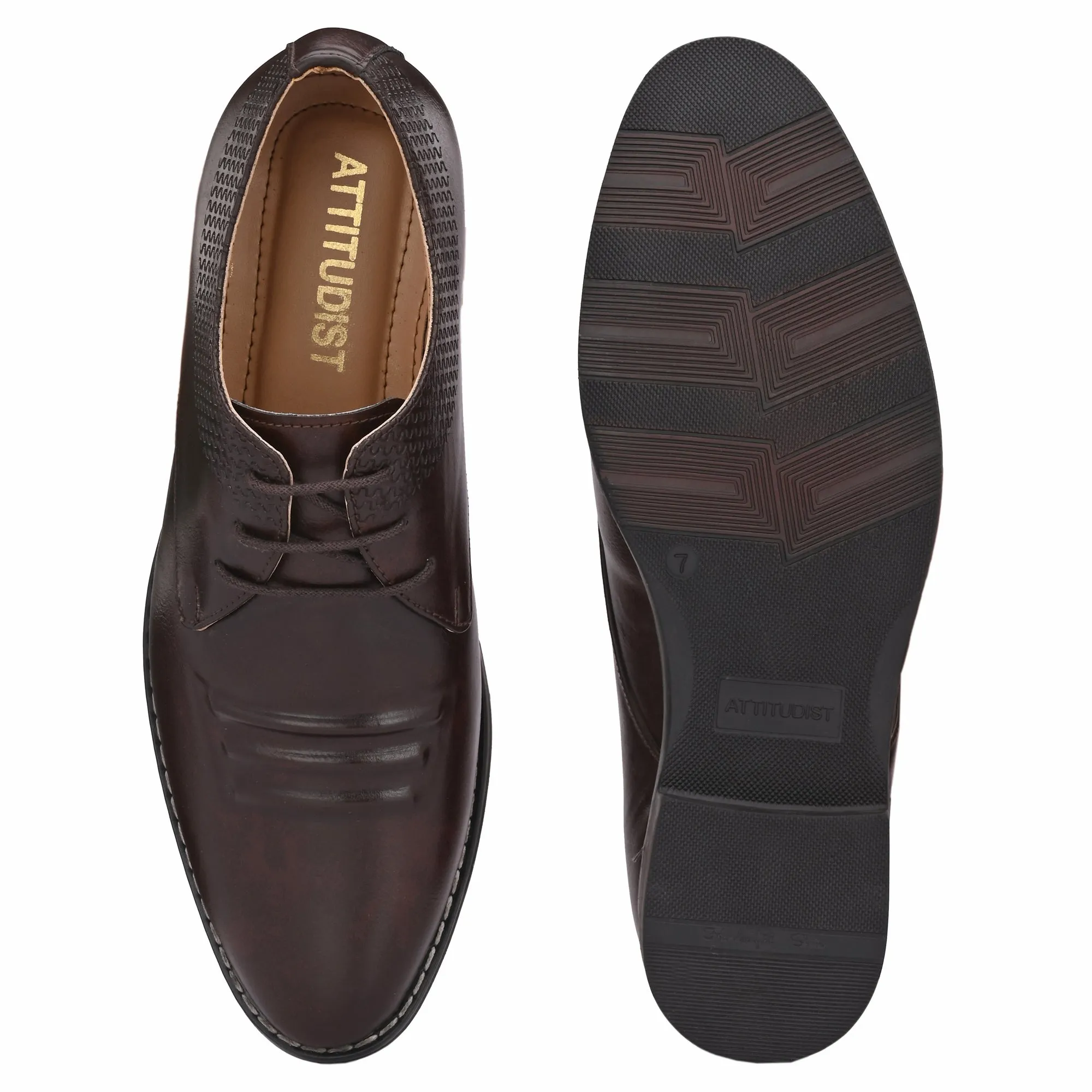 Attitudist Unisex Handcrafted Derby Brown Formal Lace-up Shoes With Round Toe And Textured Vamp