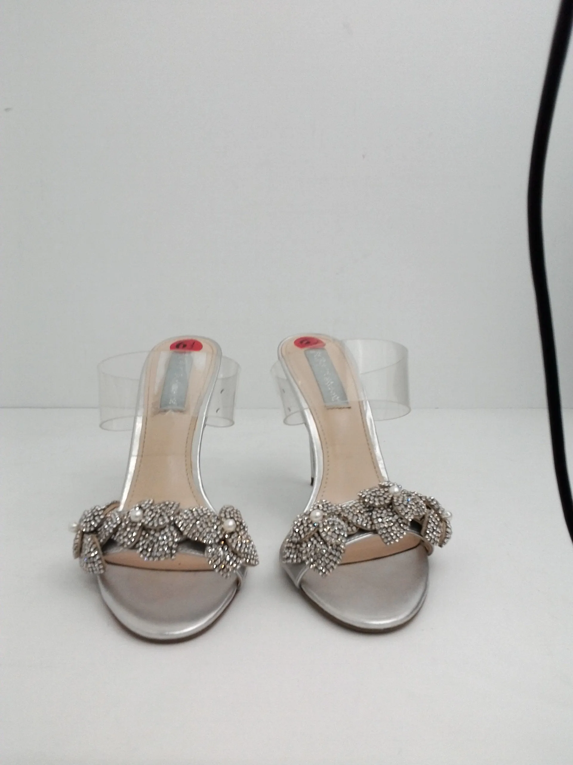 Betsey Johnson Women's Metallic Silver Mule Stiletto and Clear Size 6.5