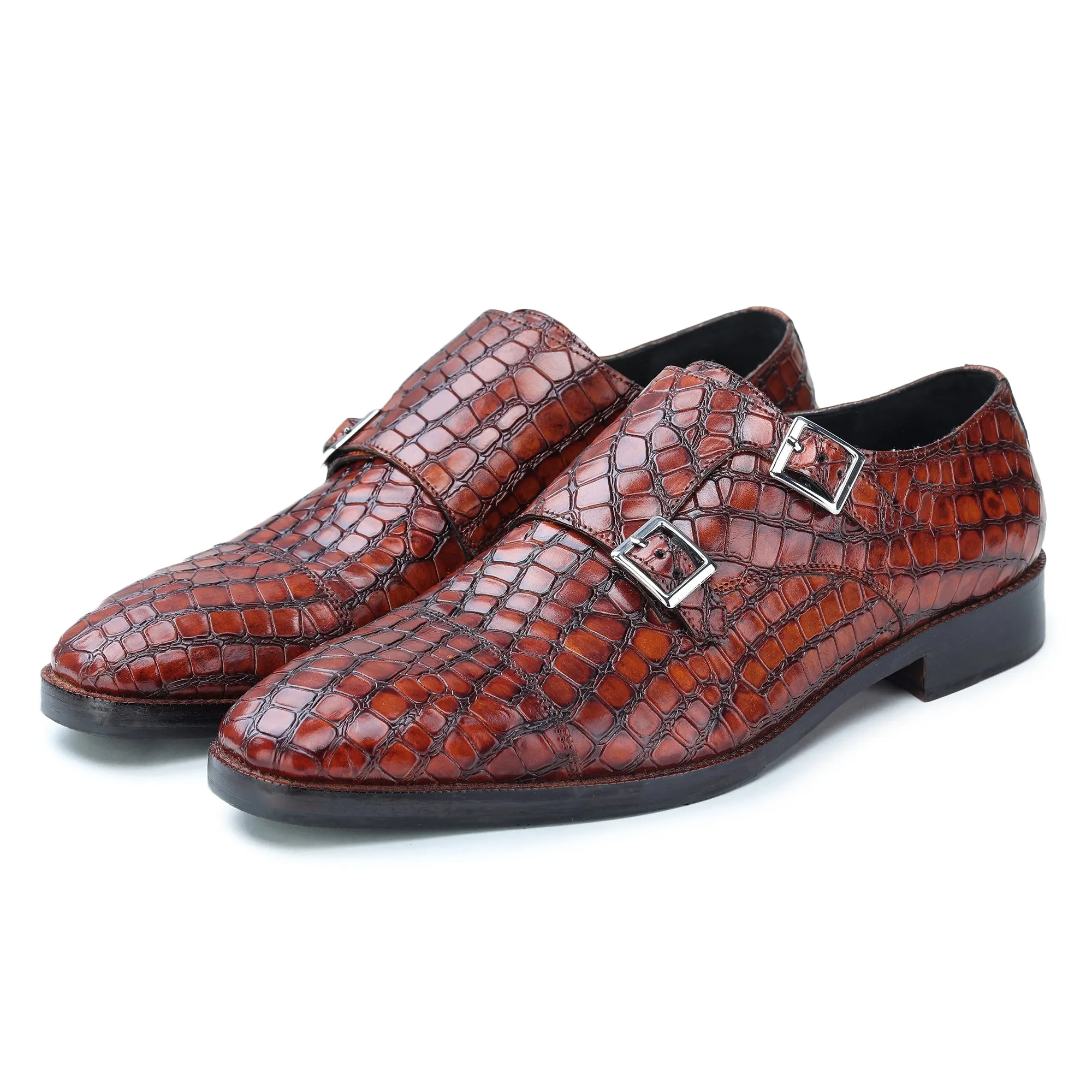 Captoe Double Monk Strap - Croc Brown