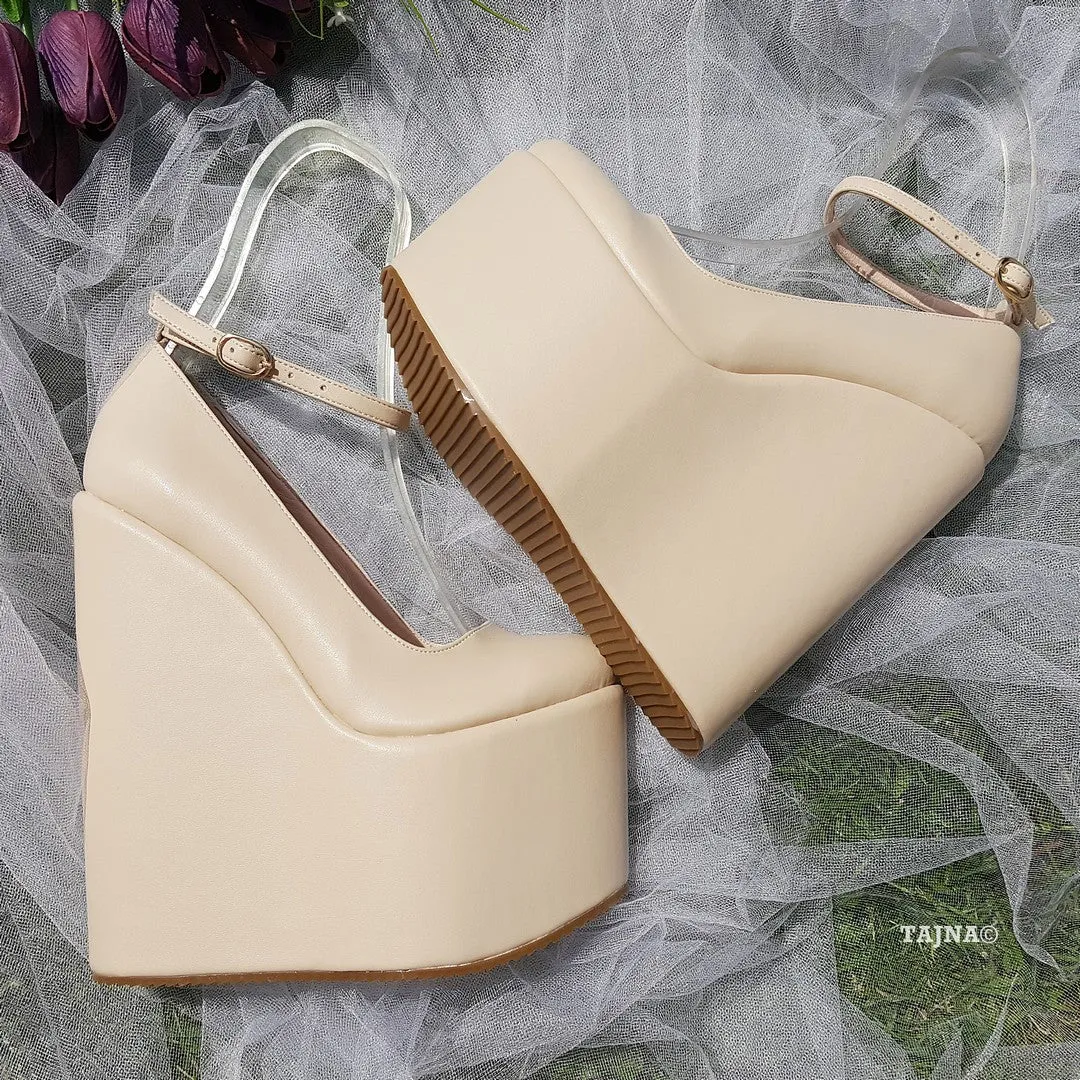 Cream Ankle Strap Wedding High Heel Platform Wedge Shoes