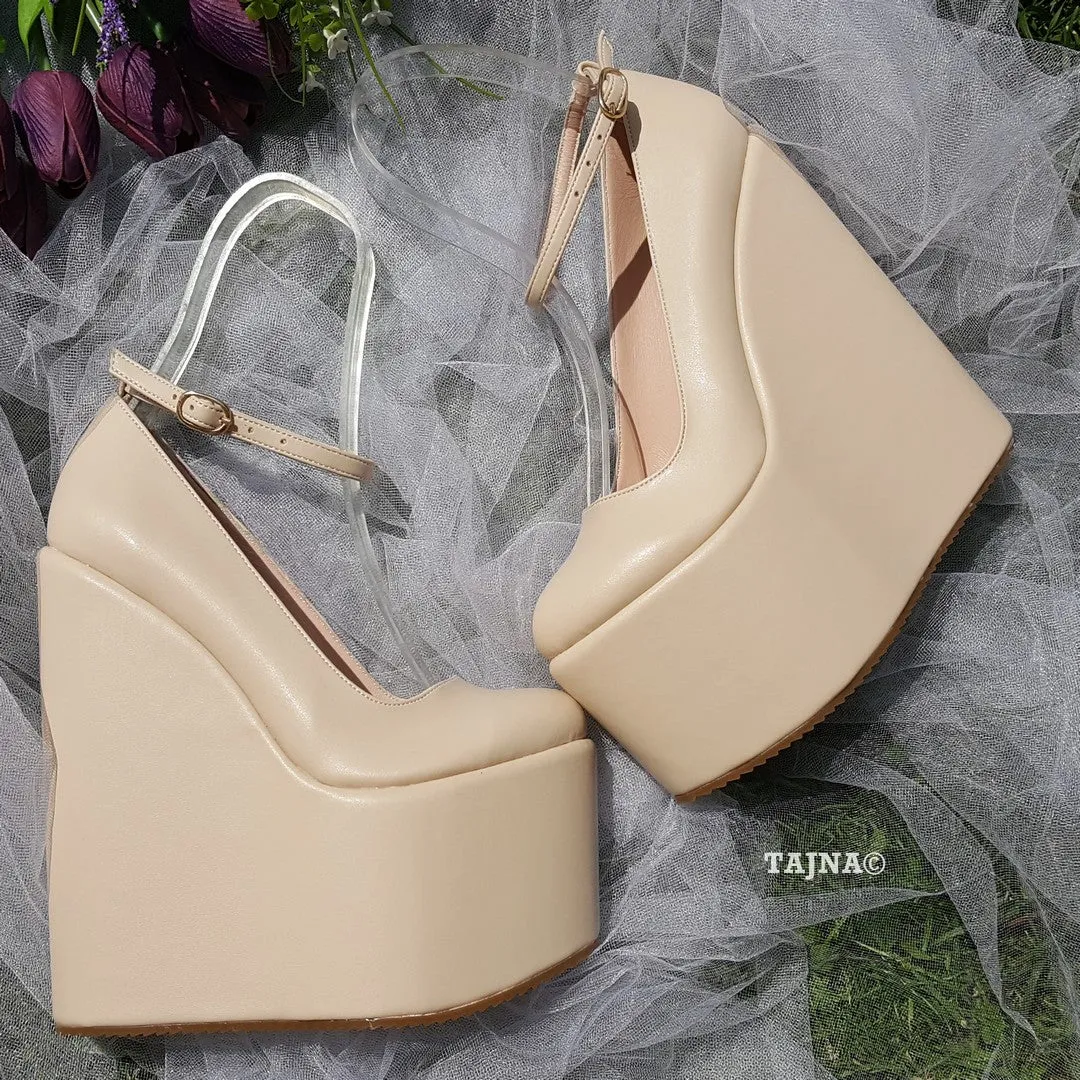 Cream Ankle Strap Wedding High Heel Platform Wedge Shoes