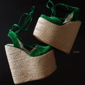 Green Espadril Lace Up Detail Wedge Platform Sandals