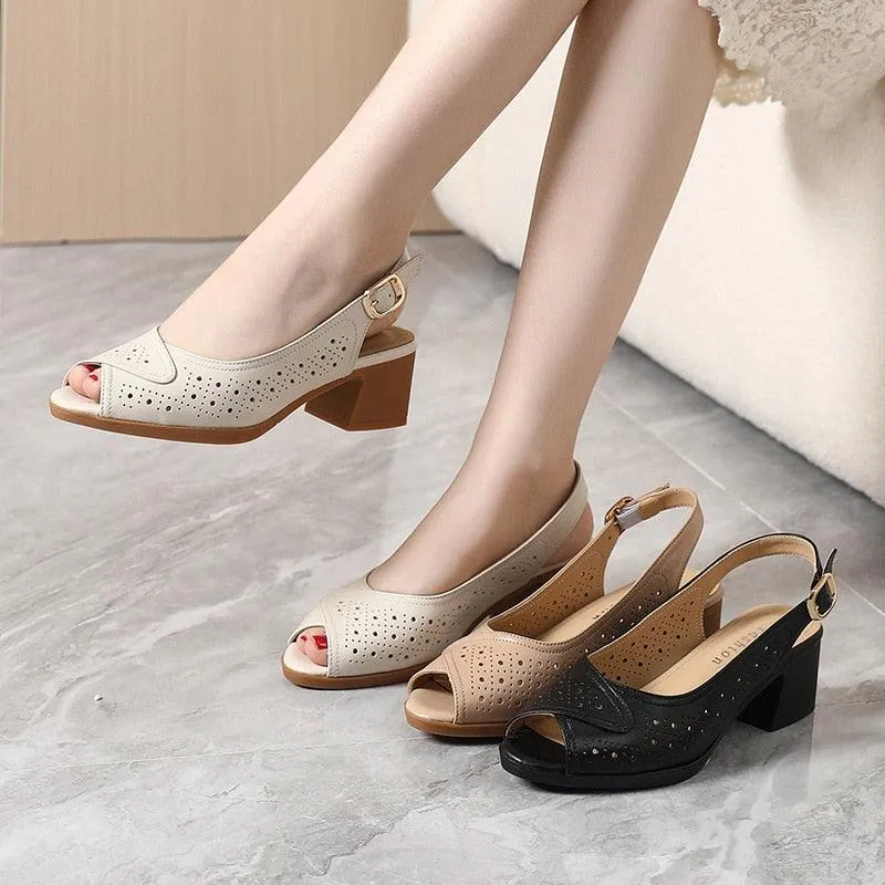 GX404 Women's Casual Shoes: Leather Hollow Sandals with Mid Heels