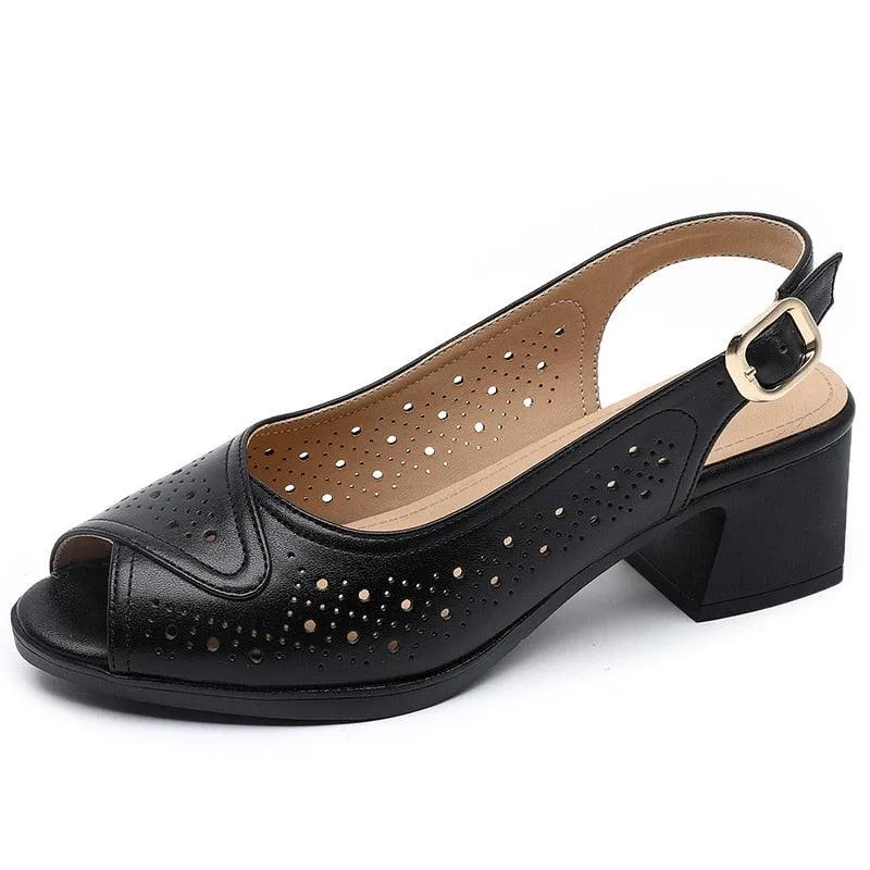 GX404 Women's Casual Shoes: Leather Hollow Sandals with Mid Heels