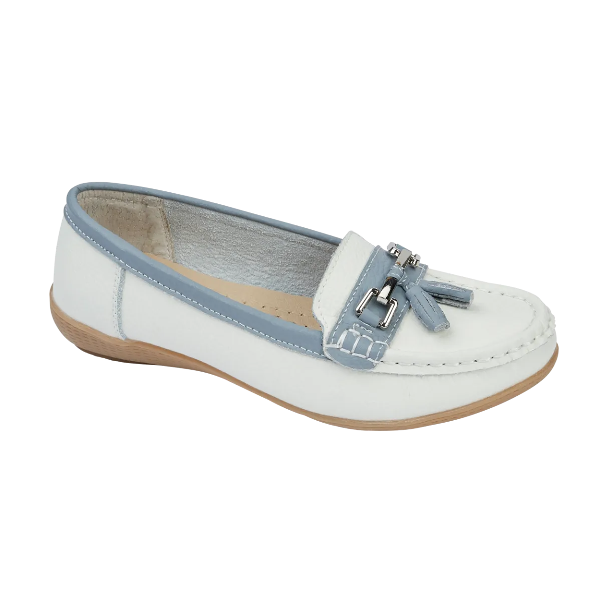 Ladies Leather Slip on White/Baby Blue Shoes Seafairer Flat Jo & Joe