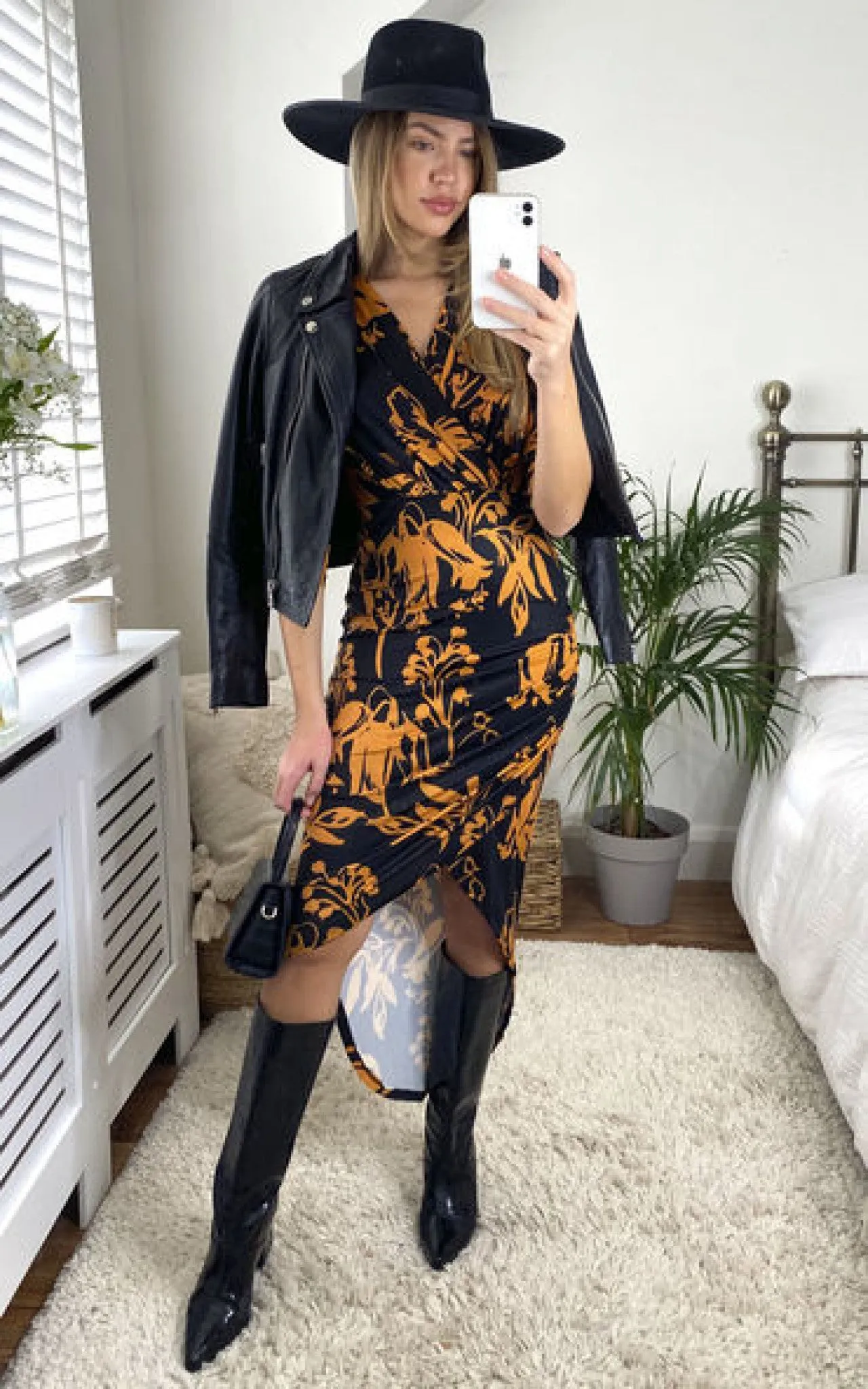 Love And Joy London Midi Wrap Dress In Black And Gold Floral