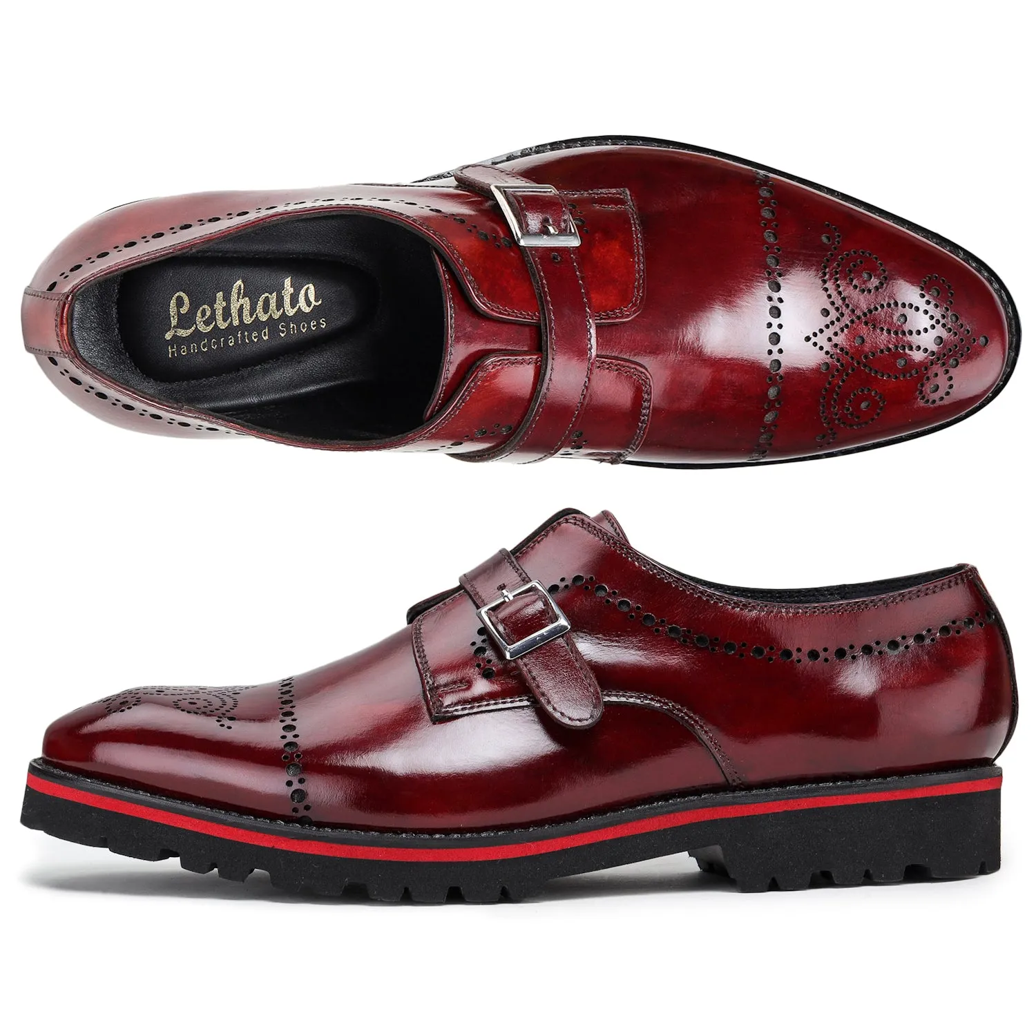 Medallion Toe Single Monk Strap - Wine Red