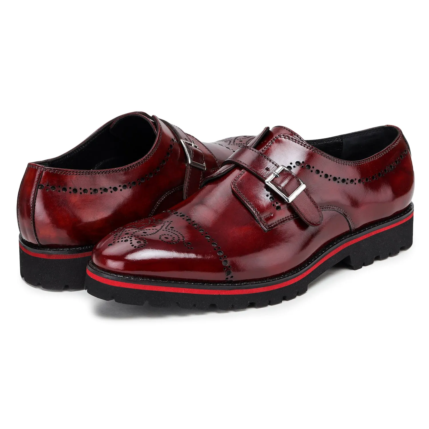 Medallion Toe Single Monk Strap - Wine Red