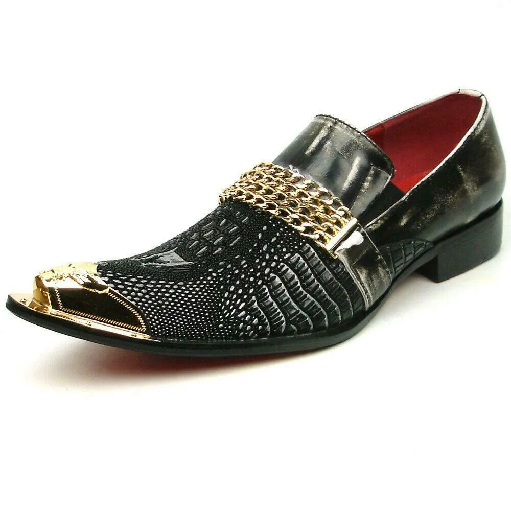 Men's Fiesso Black Grey Leather Snake Print Slip on Shoes Metal Tip FI 7435