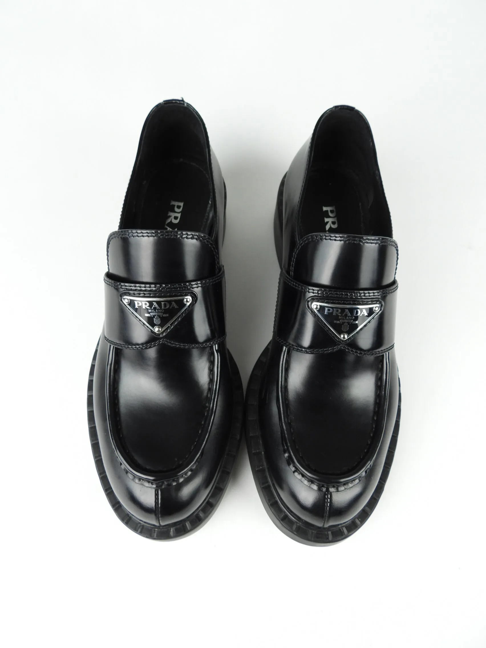 Prada Black Glossed Leather Logo Loafers - 8.5