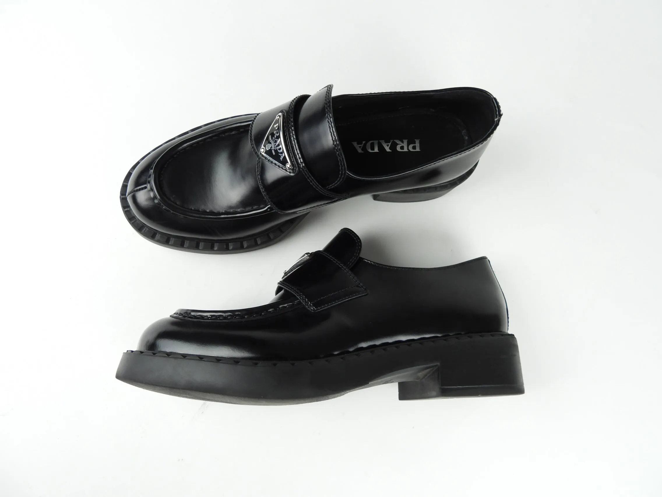 Prada Black Glossed Leather Logo Loafers - 8.5