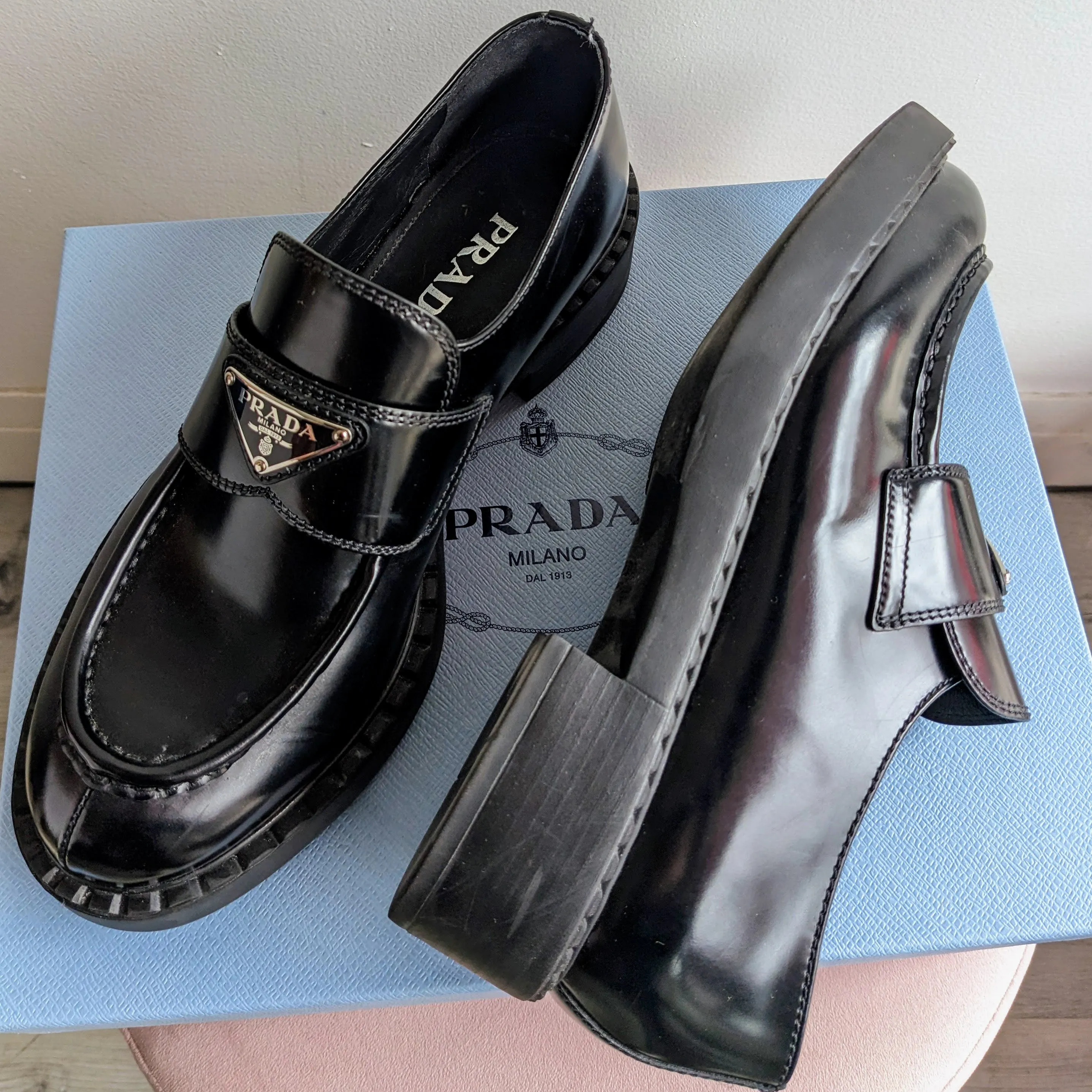 Prada Black Glossed Leather Logo Loafers - 8.5