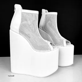 White Fishnet Detail Peep-toe Wedge Platform Boots