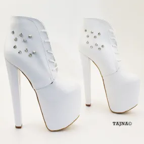 White Lace Up Pinned Ankle High Heel Platform Booties