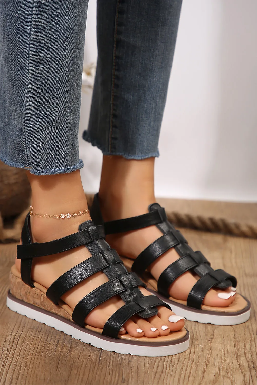 Women Shoes Hollowed PU Leather Straps Wedge Sandals