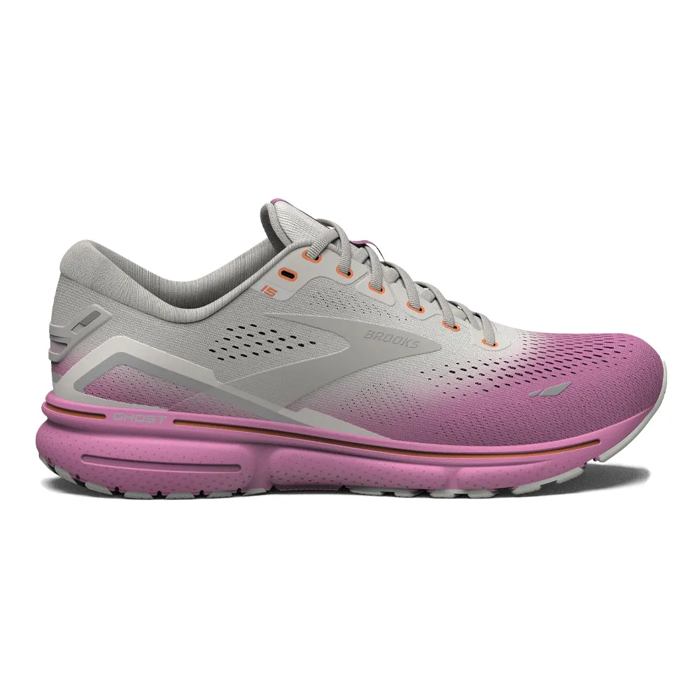 Women's Brooks Ghost 15, Grey/Coconut/Fuchsia, 11 B Medium